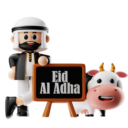 Hombre celebra Eid con vaca  3D Illustration