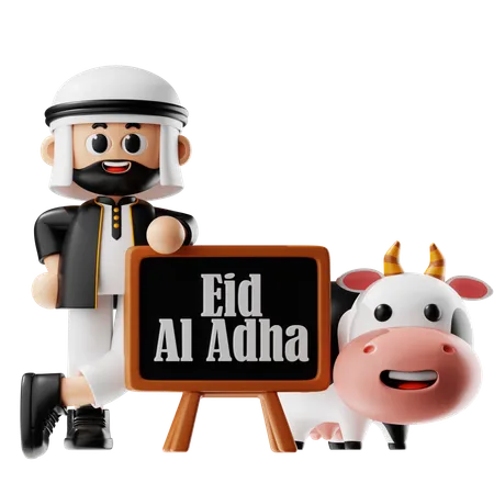 Hombre celebra Eid con vaca  3D Illustration