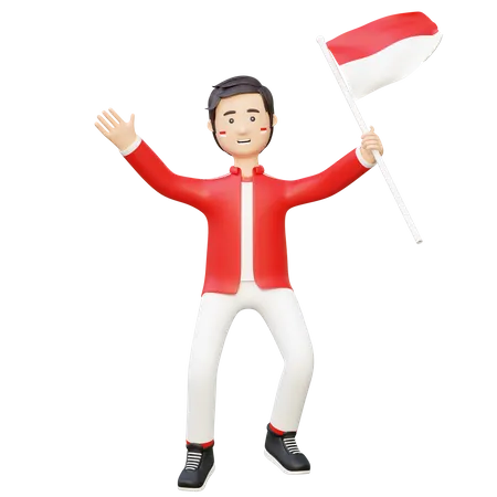 El hombre celebra el día de la independencia de Indonesia.  3D Illustration