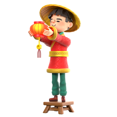 Hombre chino colocando lámpara china  3D Illustration