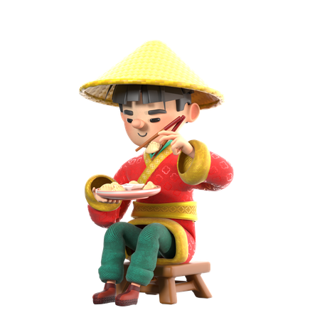 Hombre chino comiendo empanadillas chinas  3D Illustration