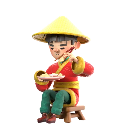 Hombre chino comiendo empanadillas chinas  3D Illustration