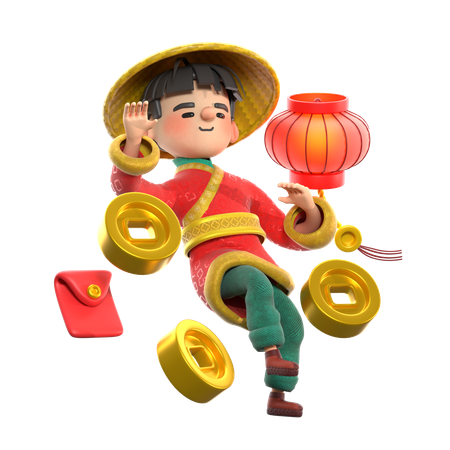 Hombre chino con lámpara china  3D Illustration