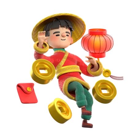 Hombre chino con lámpara china  3D Illustration