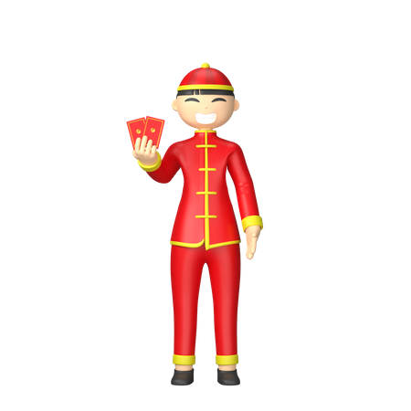 Hombre chino sosteniendo tarjetas rojas  3D Illustration