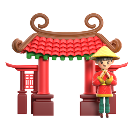 Hombre chino de pie en la puerta china  3D Illustration