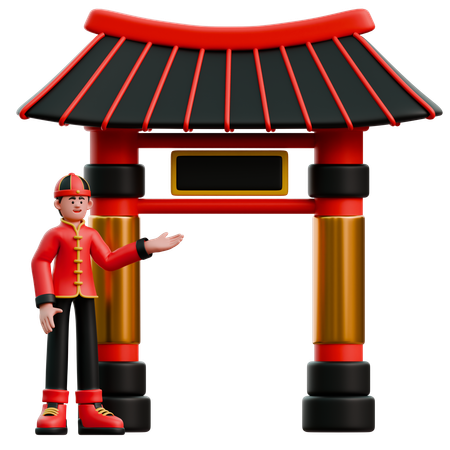 Hombre chino mostrando la Puerta de China  3D Icon