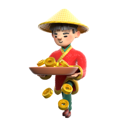 Hombre chino que lleva monedas chinas  3D Illustration