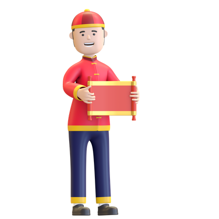 Hombre chino sosteniendo papel de desplazamiento de mano  3D Icon