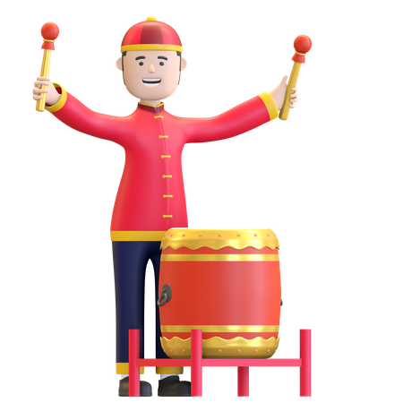 Hombre chino tocando tambores de percusión tradicional  3D Icon