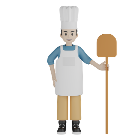 Cocinero masculino de pie y sosteniendo una pala  3D Illustration