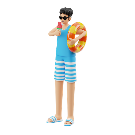 El hombre come helado en la playa  3D Illustration