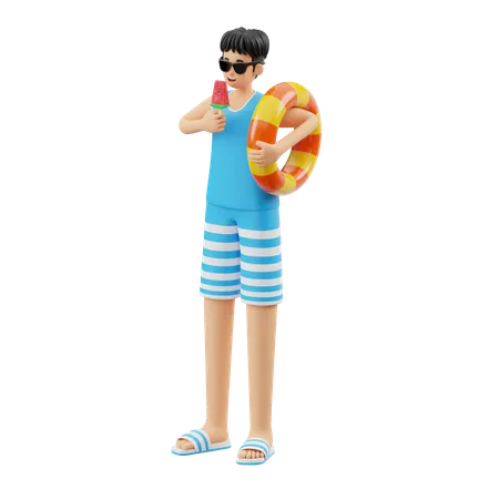 El hombre come helado en la playa  3D Illustration