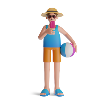 El hombre come helado en la playa  3D Illustration