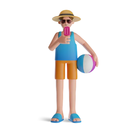 El hombre come helado en la playa  3D Illustration