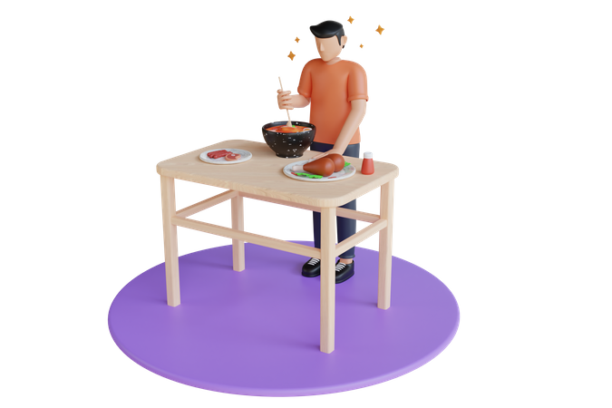 Hombre comiendo comida deliciosa en casa  3D Illustration