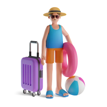 Hombre con aro inflable y equipaje.  3D Illustration