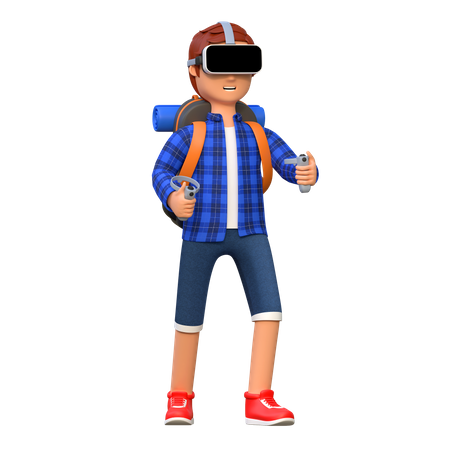 Hombre vestido con casco de realidad virtual  3D Illustration