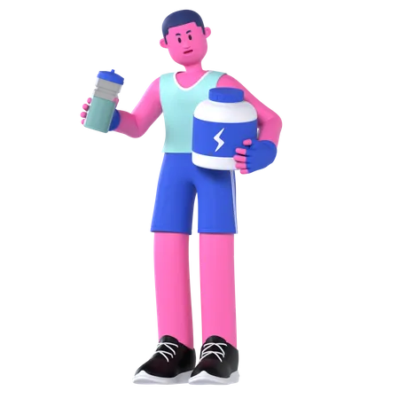 Hombre con batido de proteína de suero  3D Illustration