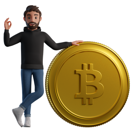 Hombre con bitcoin mostrando un gesto de aprobación  3D Illustration