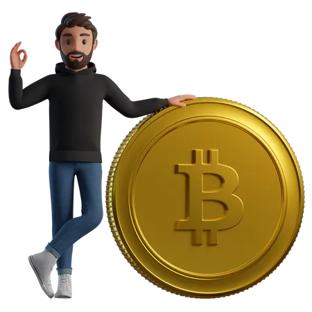 Hombre con bitcoin mostrando un gesto de aprobación  3D Illustration