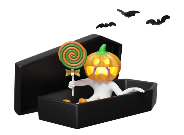 Hombre cabeza de calabaza sosteniendo piruleta en ataúd  3D Icon