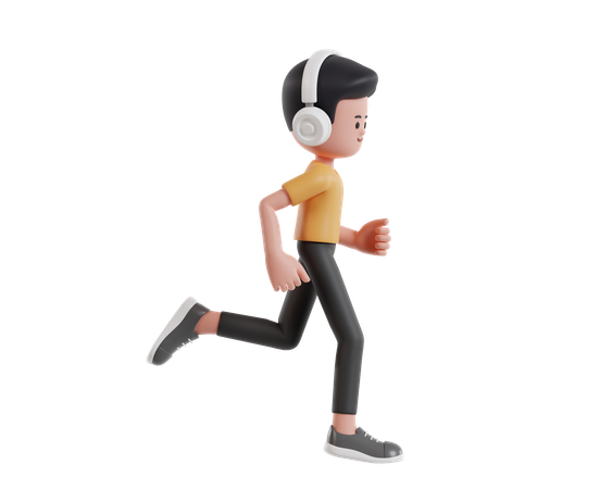 Hombre con camiseta amarilla corriendo mientras escucha música con auriculares  3D Illustration