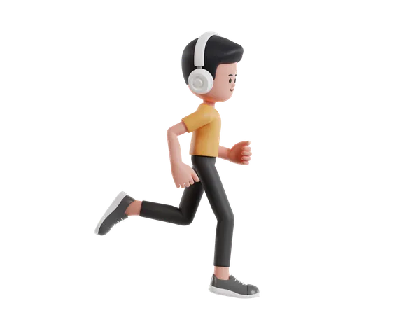 Hombre con camiseta amarilla corriendo mientras escucha música con auriculares  3D Illustration