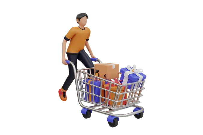 Hombre con carrito de compras  3D Illustration