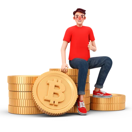 Hombre con enorme tenencia de bitcoin  3D Illustration