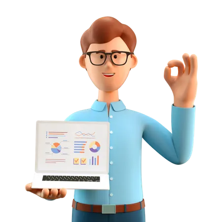 Hombre con gesto de aprobación mostrando gráficos de negocios en la pantalla del portátil  3D Illustration