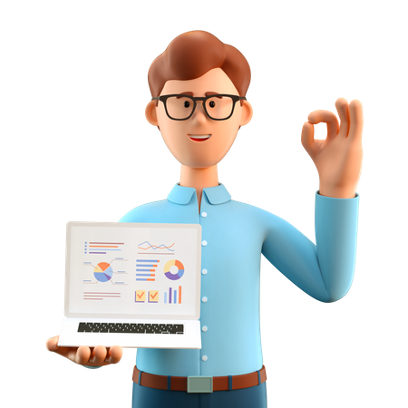Hombre con gesto de aprobación mostrando gráficos de negocios en la pantalla del portátil  3D Icon