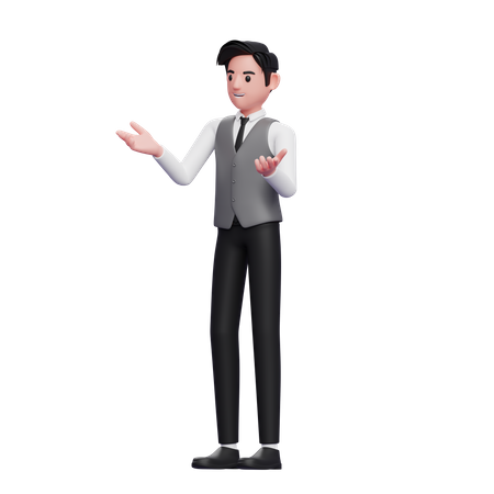 El hombre con gesto de hablar se presenta con un chaleco gris de oficina.  3D Illustration