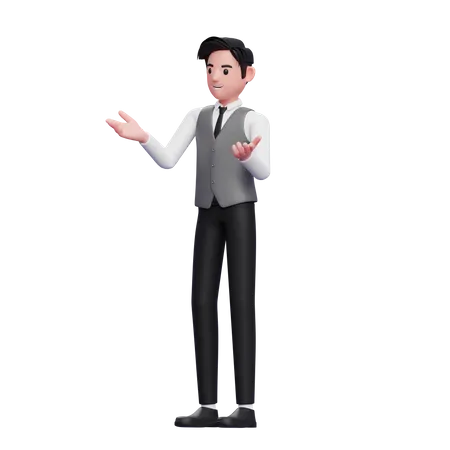 El hombre con gesto de hablar se presenta con un chaleco gris de oficina.  3D Illustration