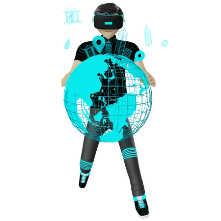 Hombre con globo metaverso  3D Illustration