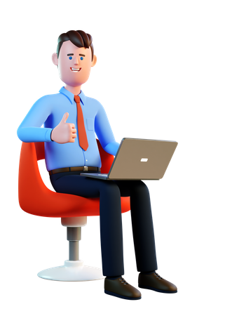 Hombre con laptop sentado en una silla y aprueba con el pulgar hacia arriba  3D Icon