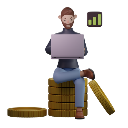 Hombre con laptop sentado en moneda  3D Illustration