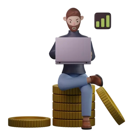 Hombre con laptop sentado en moneda  3D Illustration