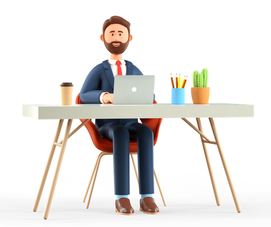 Hombre de negocios con computadora portátil trabajando en el escritorio  3D Illustration