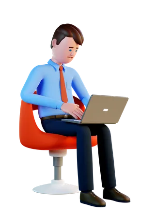 Hombre con computadora portátil trabajando mientras está sentado en una silla  3D Illustration