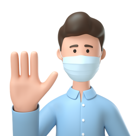 Hombre con máscara médica y mostrando el gesto de detener la mano  3D Illustration