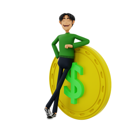 Hombre con moneda de un dólar  3D Illustration