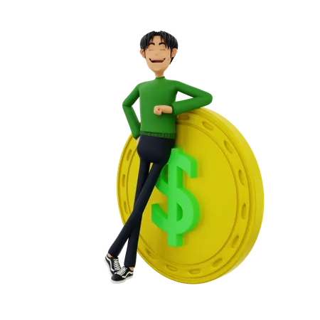 Hombre con moneda de un dólar  3D Illustration