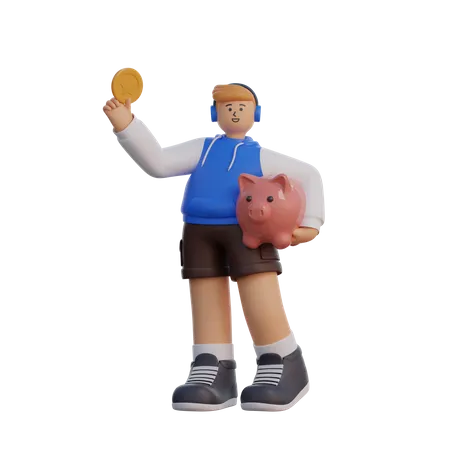 Hombre con moneda y alcancía  3D Illustration