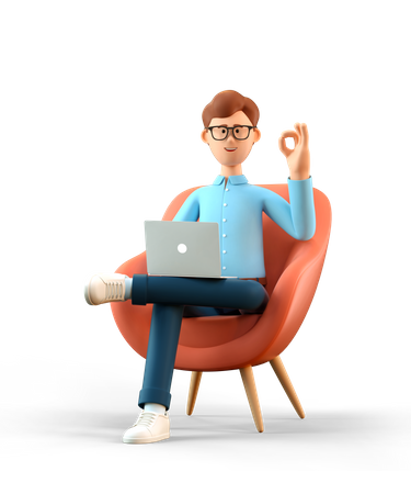Hombre con laptop mostrando gesto ok  3D Illustration