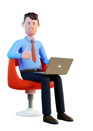 Hombre con laptop sentado en una silla y aprueba con el pulgar hacia arriba  3D Illustration