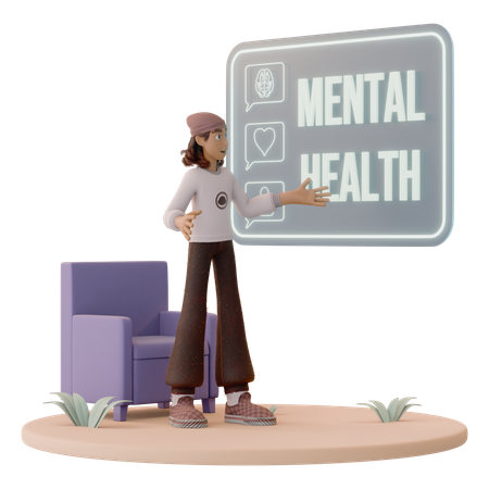 Hombre con símbolos flotantes de salud mental  3D Icon