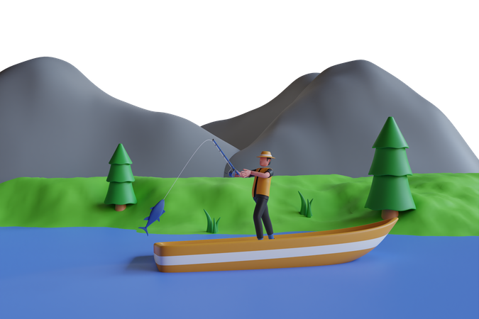Hombre con sombrero con caña de pescar  3D Illustration