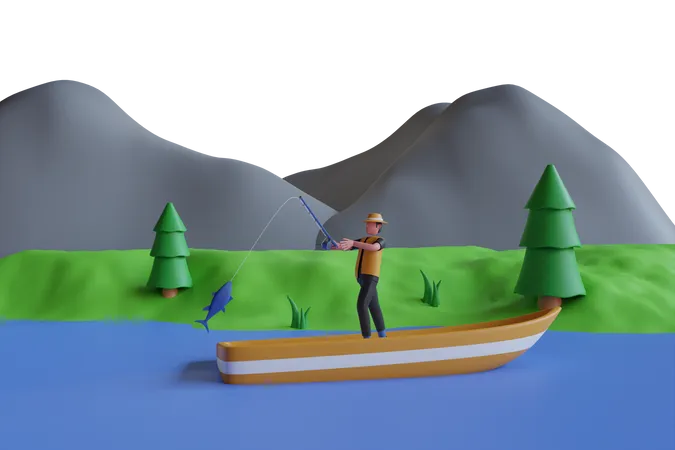 Ilustracion 3 D Del Hombre Pescando En El Barco Pescador En Bote Pequeno Hombre Con Sombrero Con Cana De Pescar En Barco Ilustracion 3 D 3D Illustration