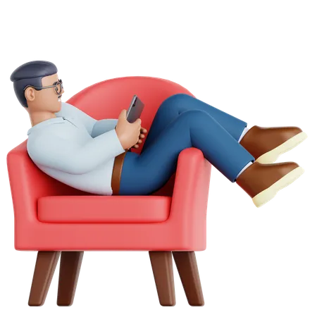 Hombre con tableta tumbado en el sofá  3D Illustration